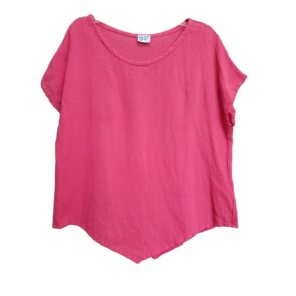 Oh My Gauze! Coral Pink Asymmetric Hem Cap Sleeve Top Size 2 L/XL